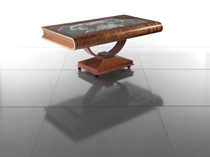 closed view of luxury wooden coffee table shaped like book