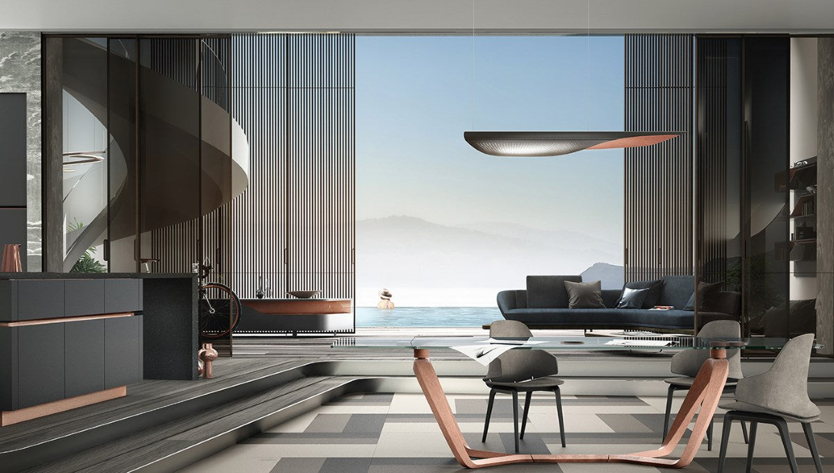 Segno Chandelier hanging over luxury furniture