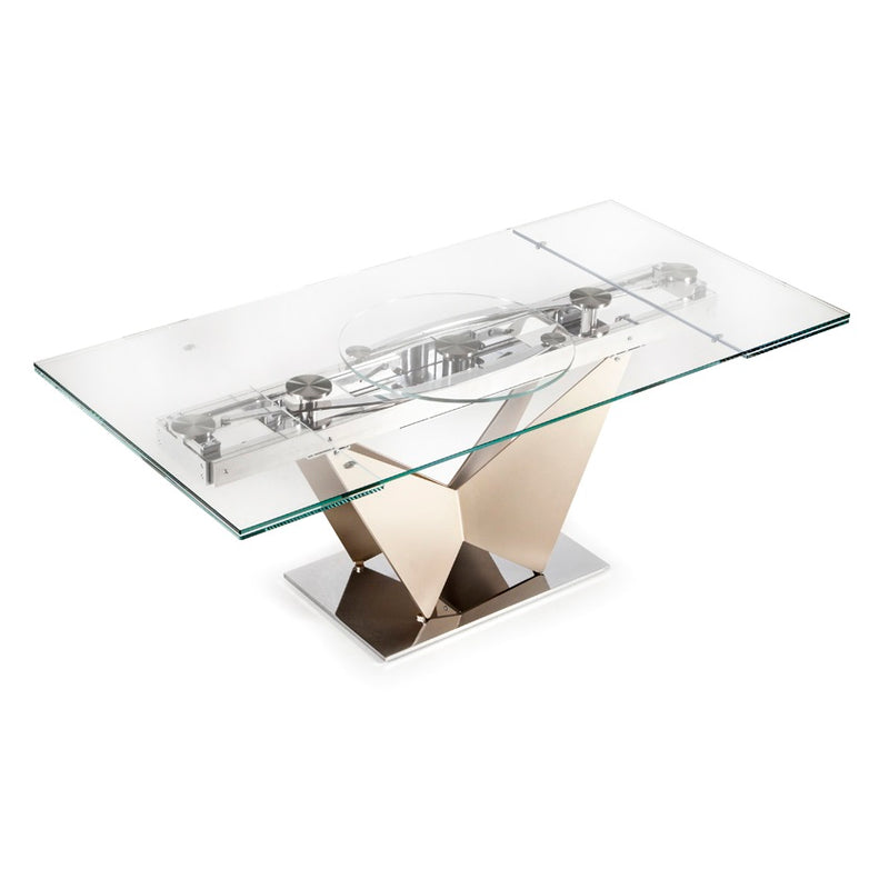 Expandable glass topped dining table in small configuration
