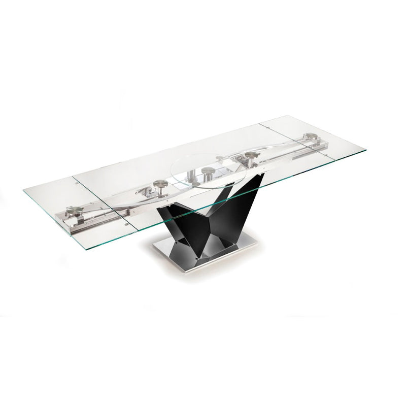 Expandable glass topped dining table in fully expanded configuration