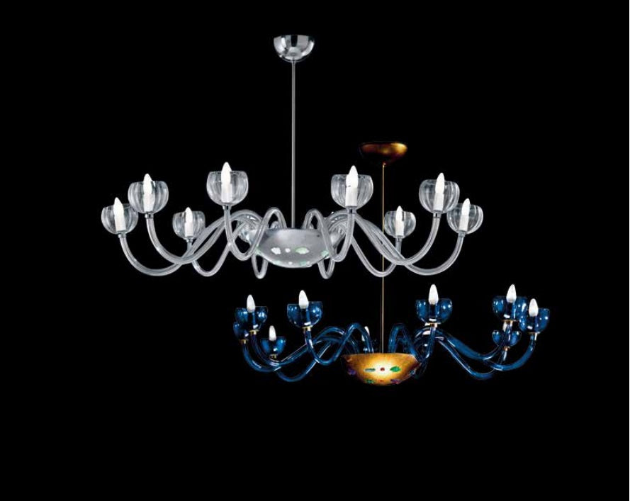 Uccello Di Fuoco Collection  chandelier in blue and white Murano glass